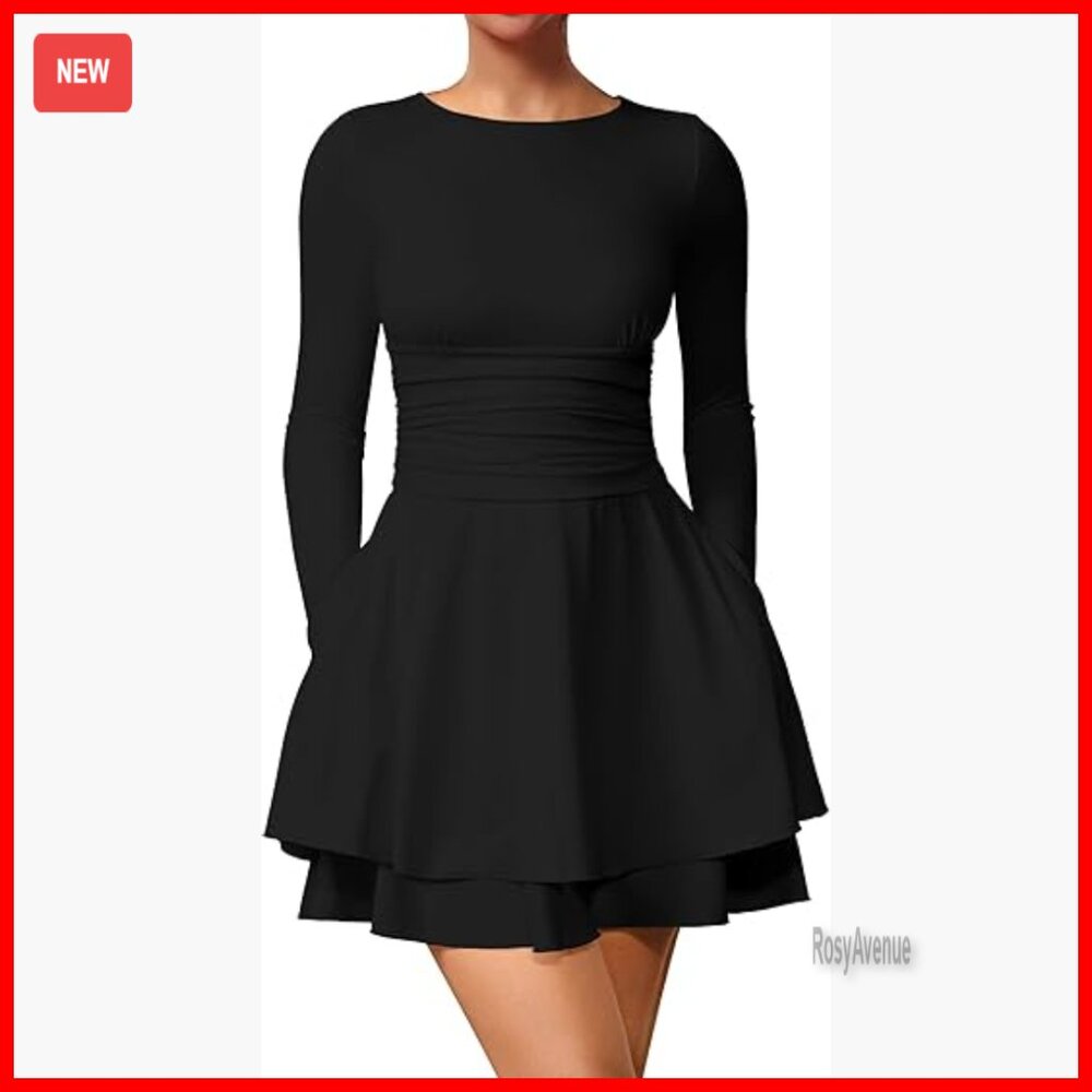 Long Sleeve Mini Dress With Side Pocket, Crew Neck, Flowy Hem, Pull On